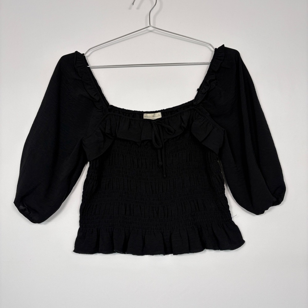 Frankee & Skylarr Womens Smocked Blouse XL Black Ruffle Square Neck TY42104-ROS